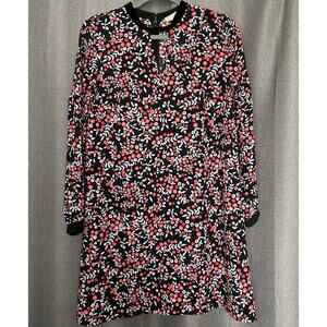 LOFT Dress Womens Size Small Velvet Trim Long Sleeve Keyhole Floral Cherry Berry